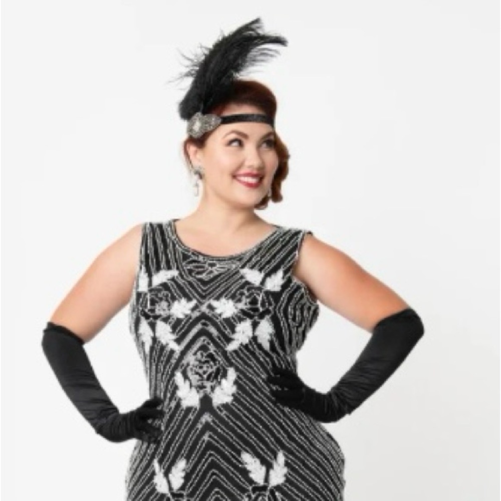 Vintage Black and White Beaded Flapper Dress (gloves + headpiece not included)